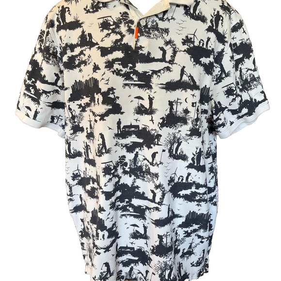 Nike Polo Shirt Mens Large White Black All Over Golf Print British Open Toile - Picture 1 of 5